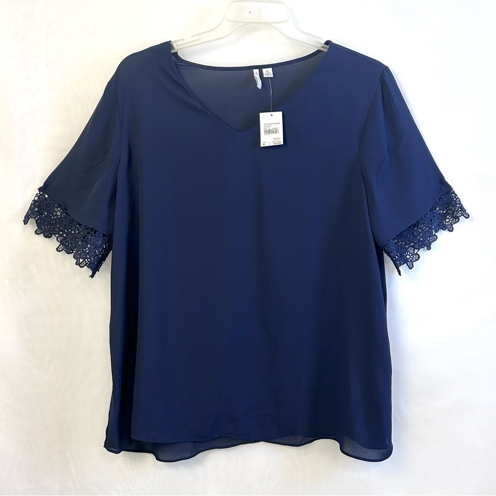 NWT EST. 1946 Navy Blue Women’s Sheer Lace Trimmed V Neck Blouse XL